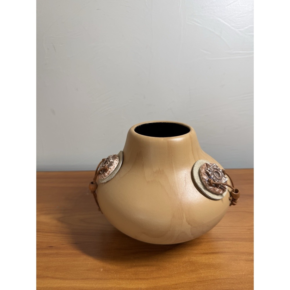 Southwestern Native American Style Burnished Pottery Vase w/ Leather & Beads Tan